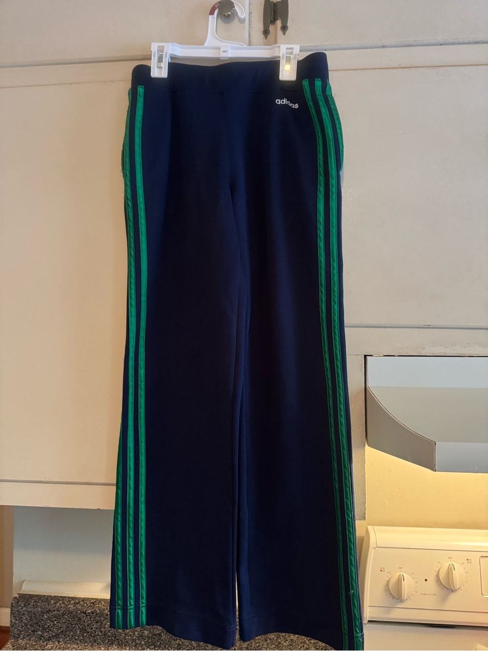 Y2K Adidas Women’s Navy Green 3 Stripe Wide Leg Track Pants Sz S